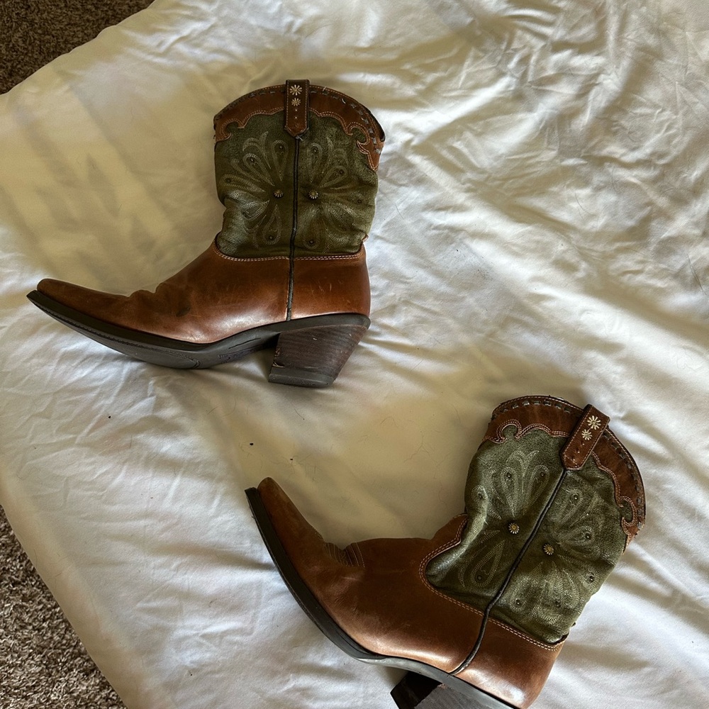 Brown and Green Western Ankle Boots